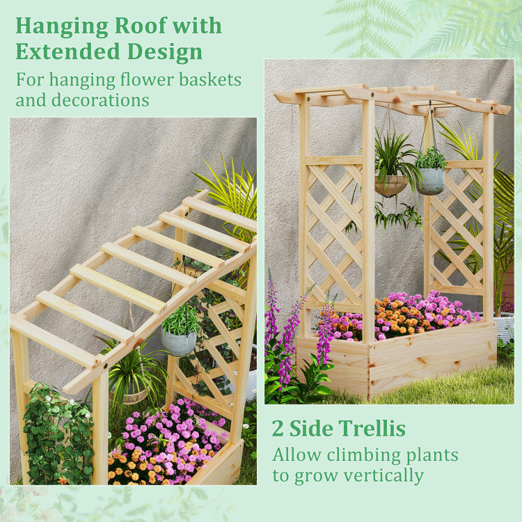 Outdoor Wooden Raised Garden Bed Planter Box with Trellis and Hanging Roof