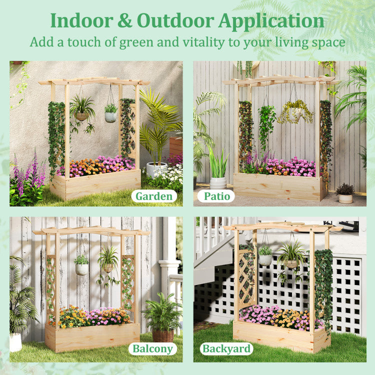Outdoor Wooden Raised Garden Bed Planter Box with Trellis and Hanging Roof