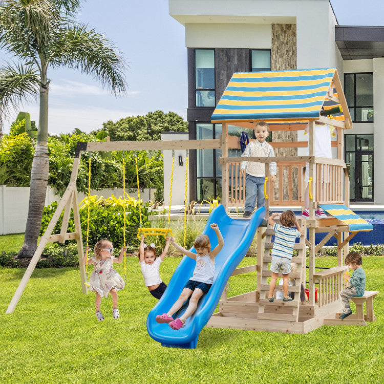 Outdoor Kids Wooden Swing Set with Large Upper Deck Slide and Steering Wheel