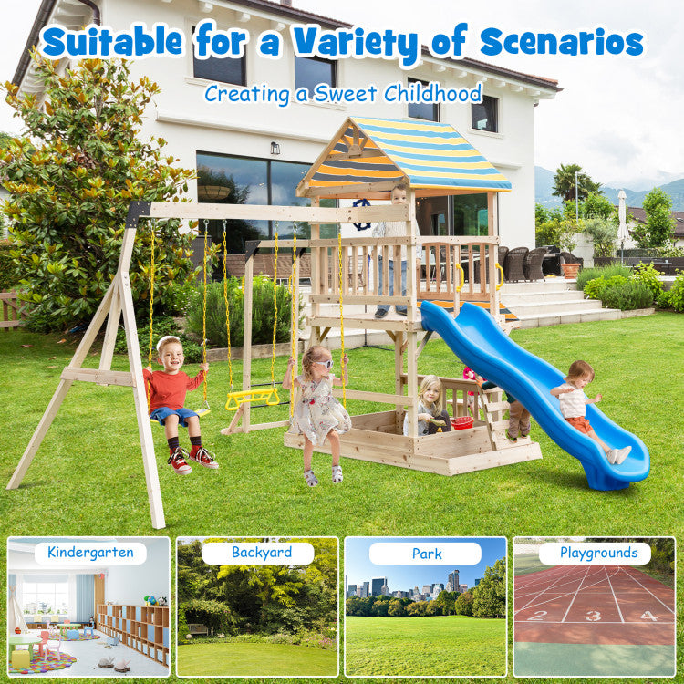Outdoor Kids Wooden Swing Set with Large Upper Deck Slide and Steering Wheel