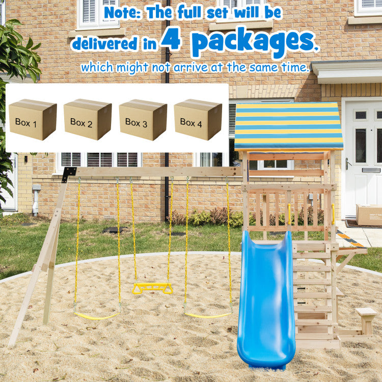 Outdoor Kids Wooden Swing Set with Large Upper Deck Slide and Steering Wheel