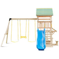 Outdoor Kids Wooden Swing Set with Large Upper Deck Slide and Steering Wheel