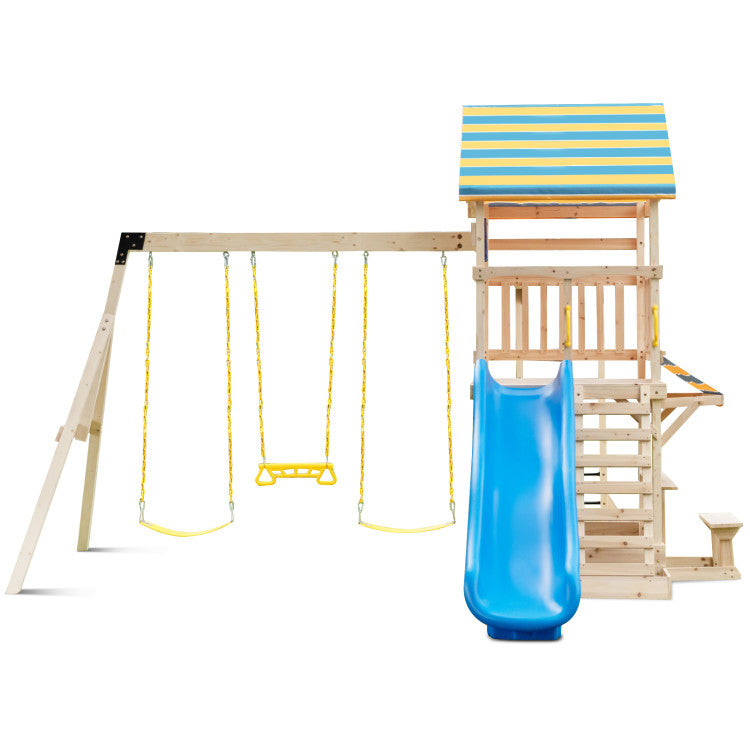 Outdoor Kids Wooden Swing Set with Large Upper Deck Slide and Steering Wheel