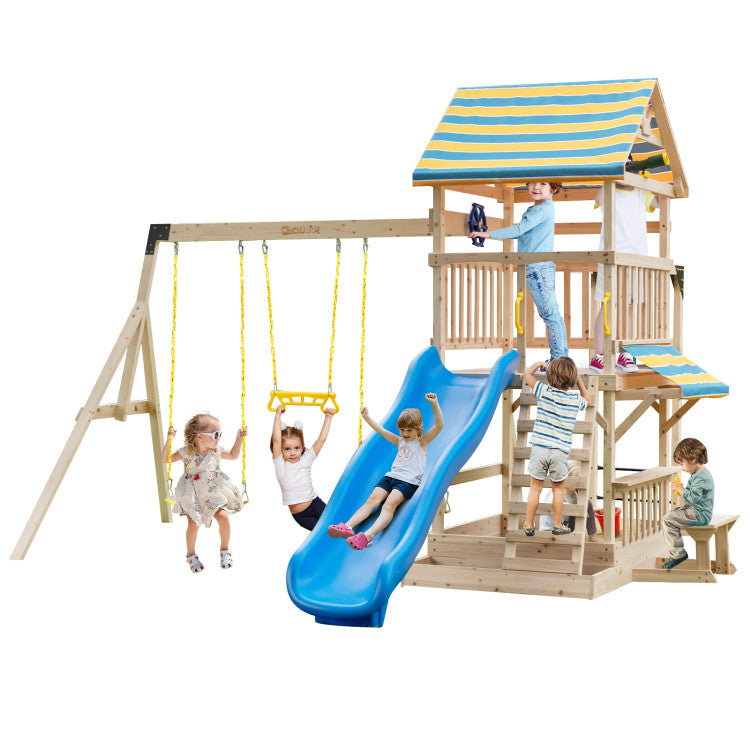 Outdoor Kids Wooden Swing Set with Large Upper Deck Slide and Steering Wheel