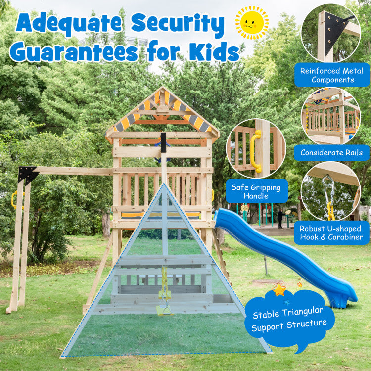 Outdoor Kids Wooden Swing Set with Large Upper Deck Slide and Steering Wheel