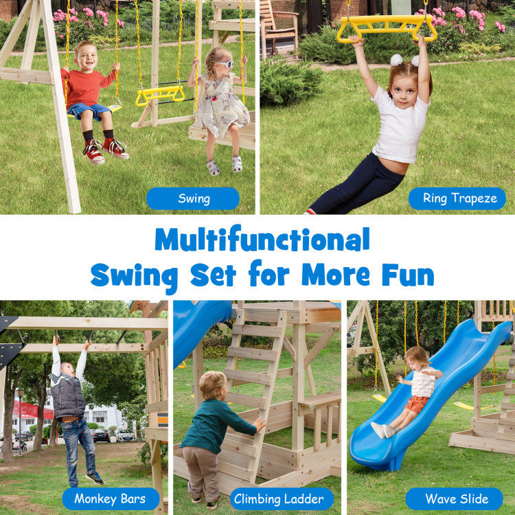 Outdoor Kids Wooden Swing Set with Large Upper Deck Slide and Steering Wheel