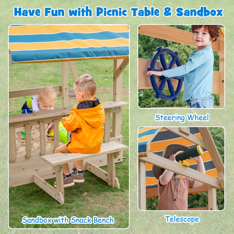 Outdoor Kids Wooden Swing Set with Large Upper Deck Slide and Steering Wheel