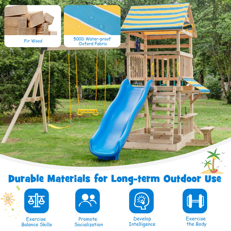 Outdoor Kids Wooden Swing Set with Large Upper Deck Slide and Steering Wheel