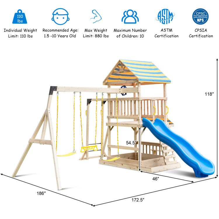 Outdoor Kids Wooden Swing Set with Large Upper Deck Slide and Steering Wheel