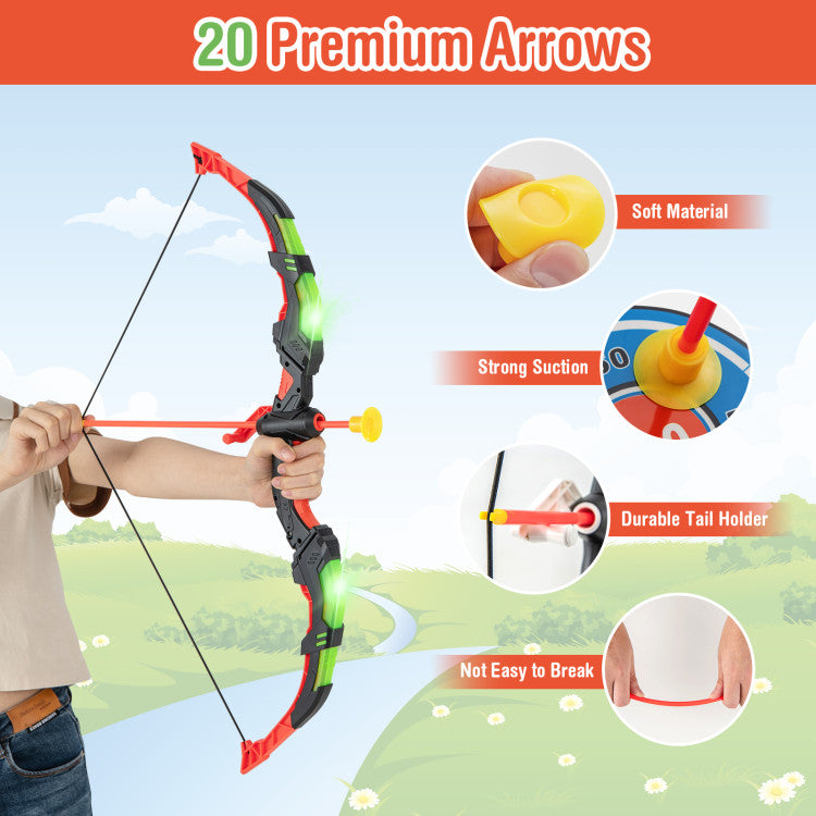 Outdoor Youth Archery Bow Set with LED Light Up Bow and 20 Suction Cup Arrows for Kids