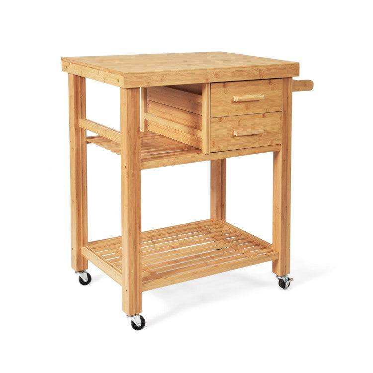 Modern Bamboo Kitchen Trolley Cart with Tower Rack and Drawers