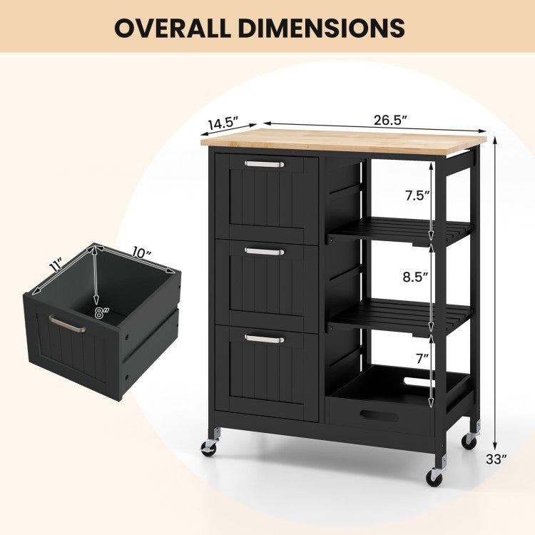 Modern Rolling Kitchen Island Utility Storage Cart with 3 Large Drawers
