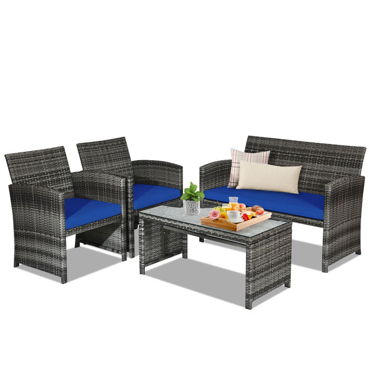 Outdoor 4 Pieces Patio Rattan Furniture Set with Glass Table and Loveseat