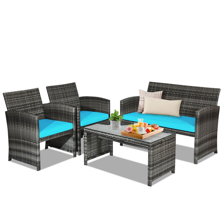Outdoor 4 Pieces Patio Rattan Furniture Set with Glass Table and Loveseat