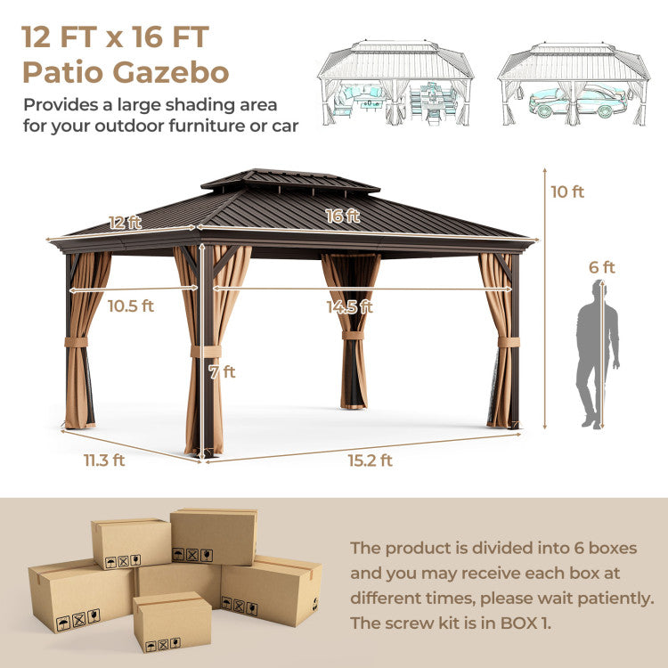 New 12' x 16' Double-Roof Hardtop Gazebo with Galvanized Steel Roof Coffee Color