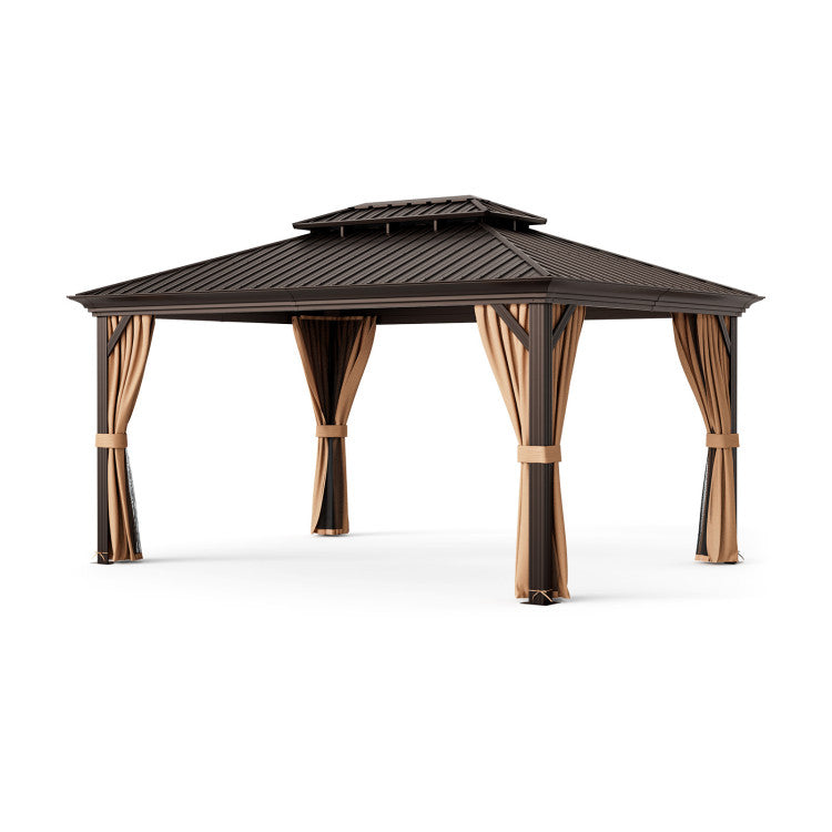 New 12' x 16' Double-Roof Hardtop Gazebo with Galvanized Steel Roof Coffee Color