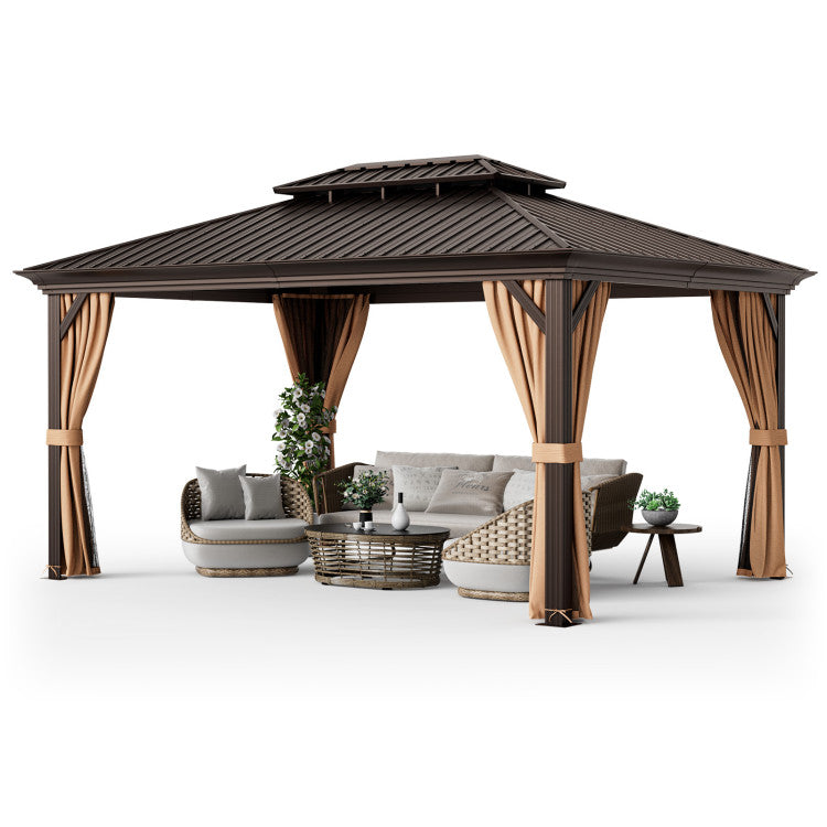 New 12' x 16' Double-Roof Hardtop Gazebo with Galvanized Steel Roof Coffee Color