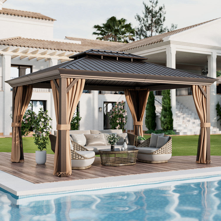 New 12' x 16' Double-Roof Hardtop Gazebo with Galvanized Steel Roof Coffee Color