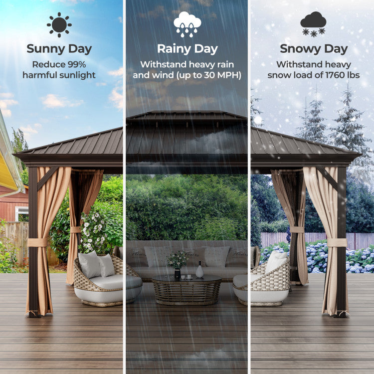 New 12' x 16' Double-Roof Hardtop Gazebo with Galvanized Steel Roof Coffee Color