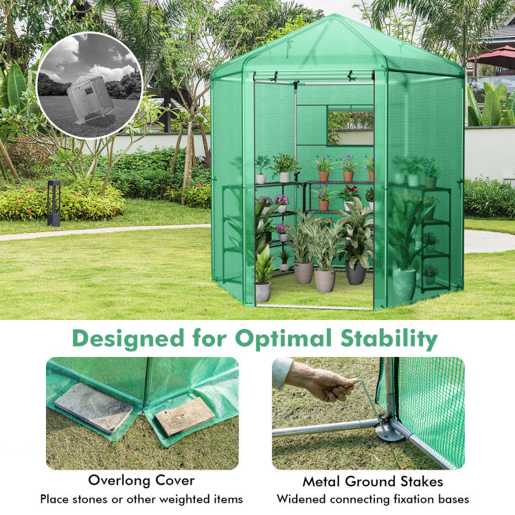 Outdoor Walk-In Hexagonal Greenhouse with PE Cover and Metal Frame