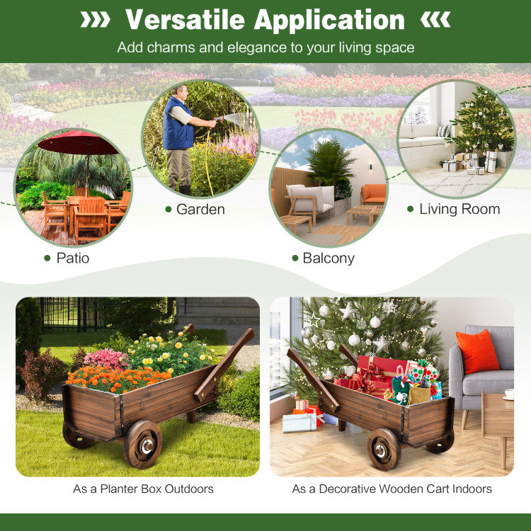 Outdoor Wooden Wagon Planter Box with Wheels Handles and Drainage Hole