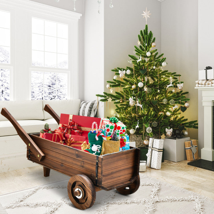 Outdoor Wooden Wagon Planter Box with Wheels Handles and Drainage Hole