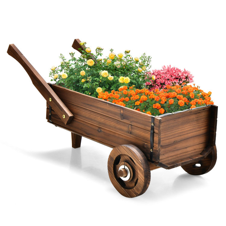 Outdoor Wooden Wagon Planter Box with Wheels Handles and Drainage Hole