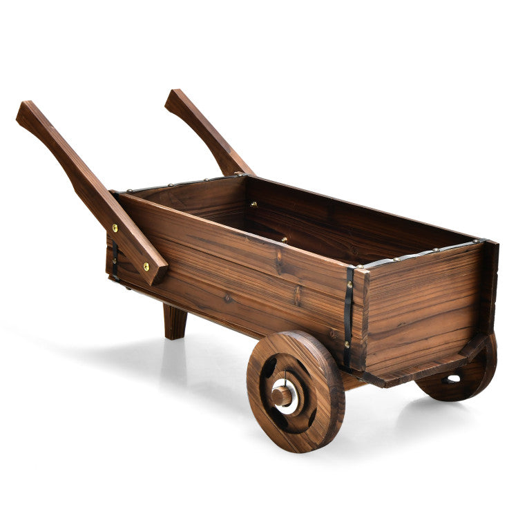 Outdoor Wooden Wagon Planter Box with Wheels Handles and Drainage Hole