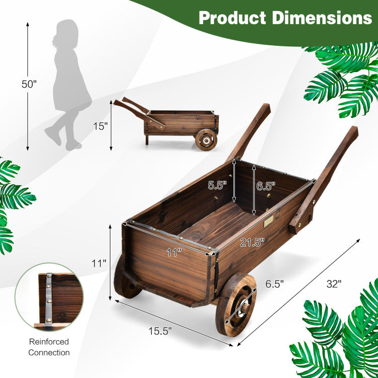 Outdoor Wooden Wagon Planter Box with Wheels Handles and Drainage Hole