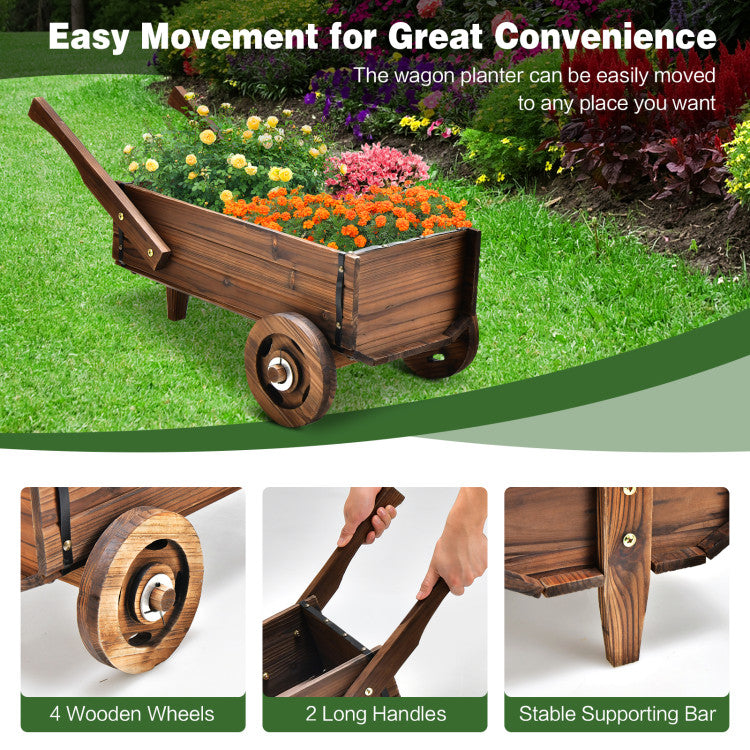 Outdoor Wooden Wagon Planter Box with Wheels Handles and Drainage Hole