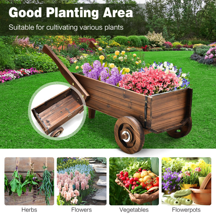 Outdoor Wooden Wagon Planter Box with Wheels Handles and Drainage Hole