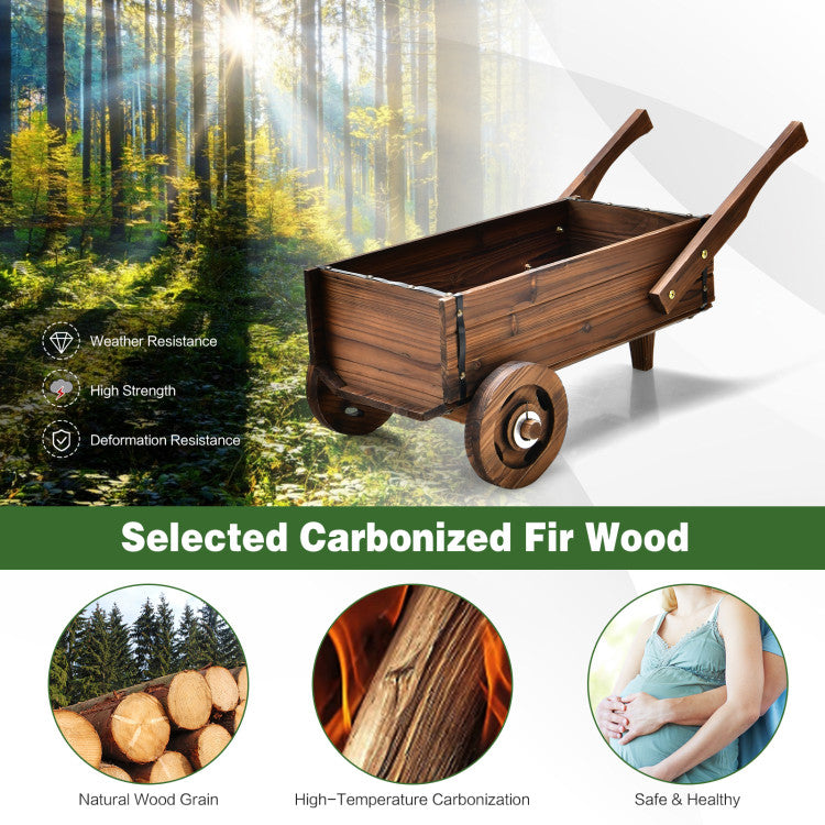 Outdoor Wooden Wagon Planter Box with Wheels Handles and Drainage Hole