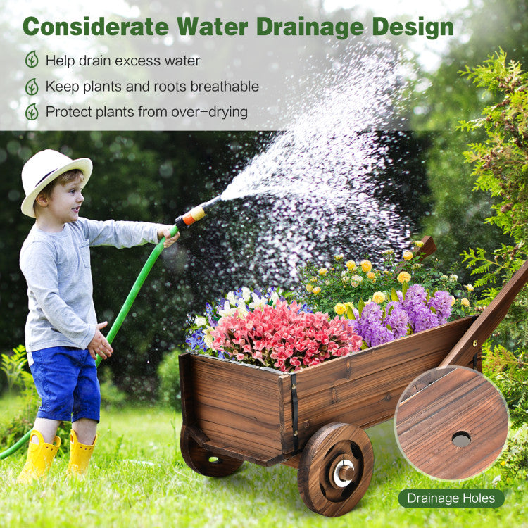 Outdoor Wooden Wagon Planter Box with Wheels Handles and Drainage Hole