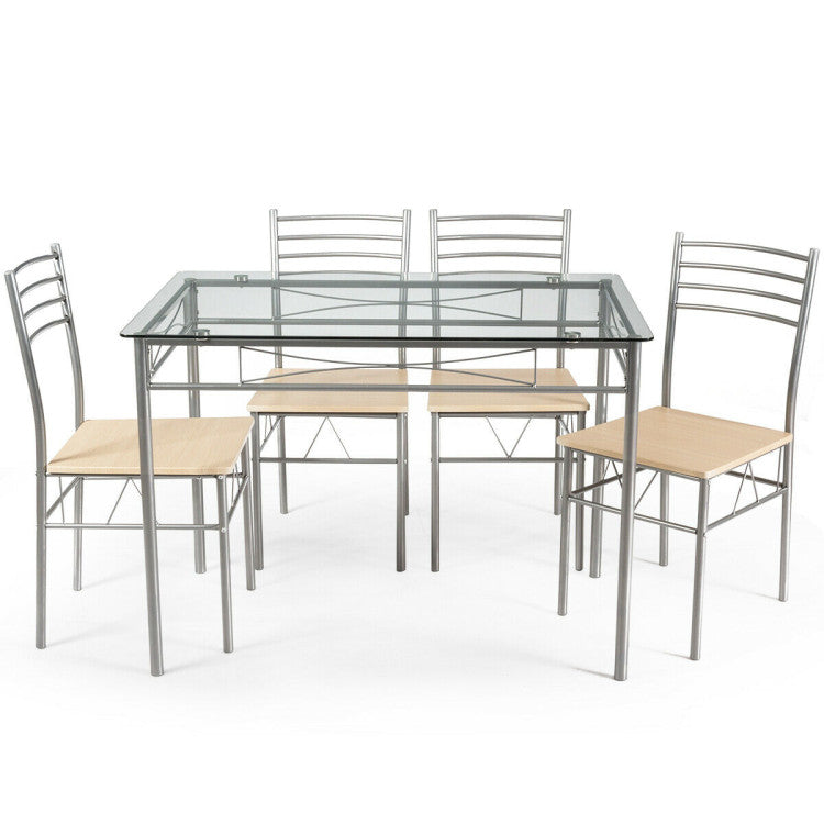 Modern 5 Pieces Dining Set Glass Table and 4 Chairs