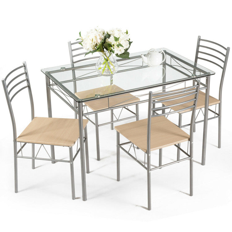 Modern 5 Pieces Dining Set Glass Table and 4 Chairs
