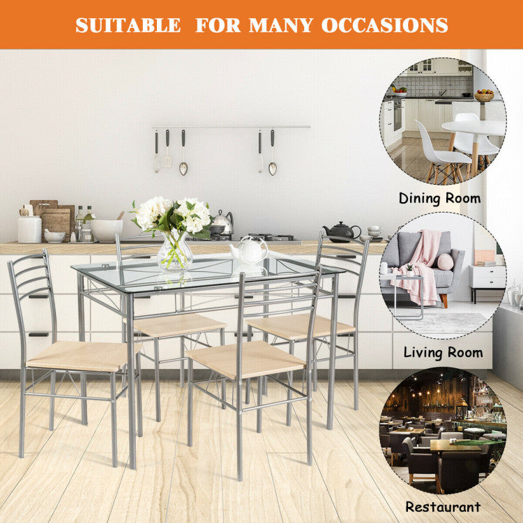 Modern 5 Pieces Dining Set Glass Table and 4 Chairs