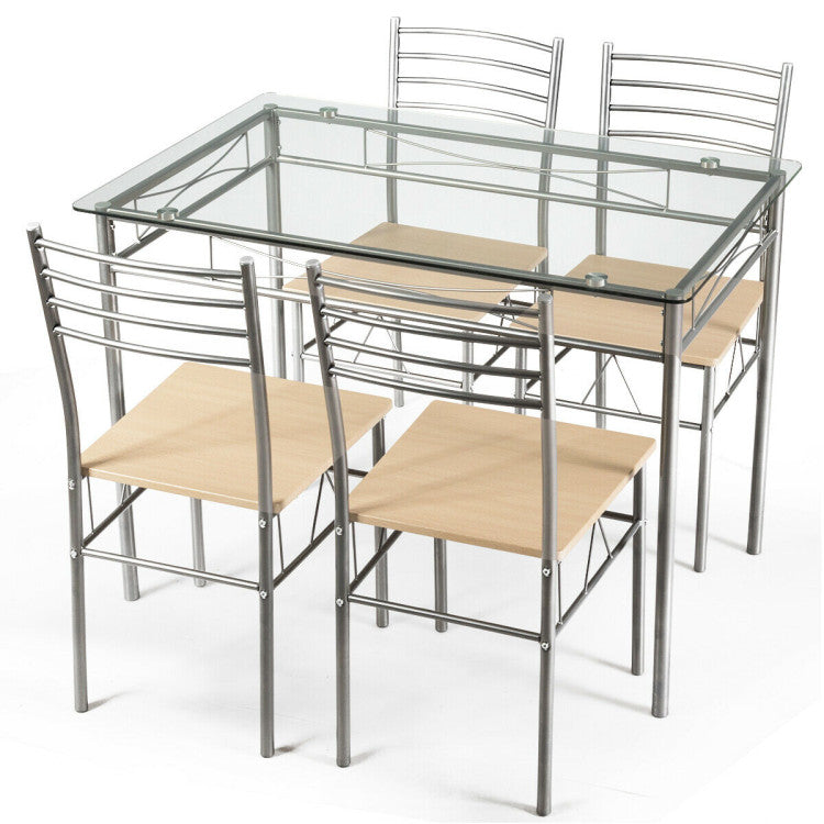 Modern 5 Pieces Dining Set Glass Table and 4 Chairs