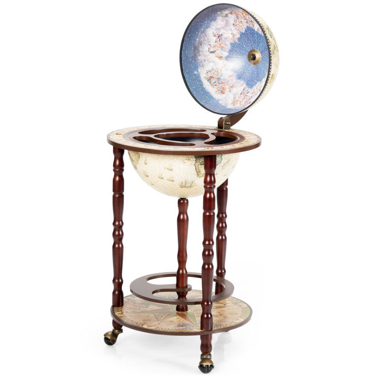 Home 17 Inch Italian Style Design Wooden Globe Liquor Bottle Wine Rack with Wheels