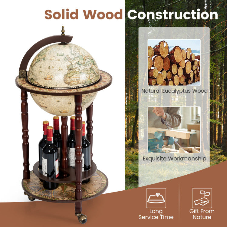 Home 17 Inch Italian Style Design Wooden Globe Liquor Bottle Wine Rack with Wheels