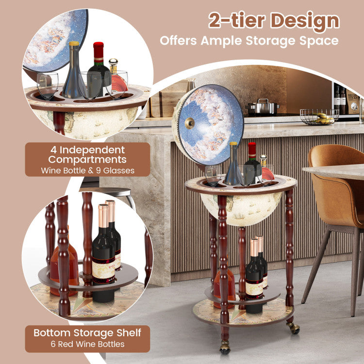 Home 17 Inch Italian Style Design Wooden Globe Liquor Bottle Wine Rack with Wheels