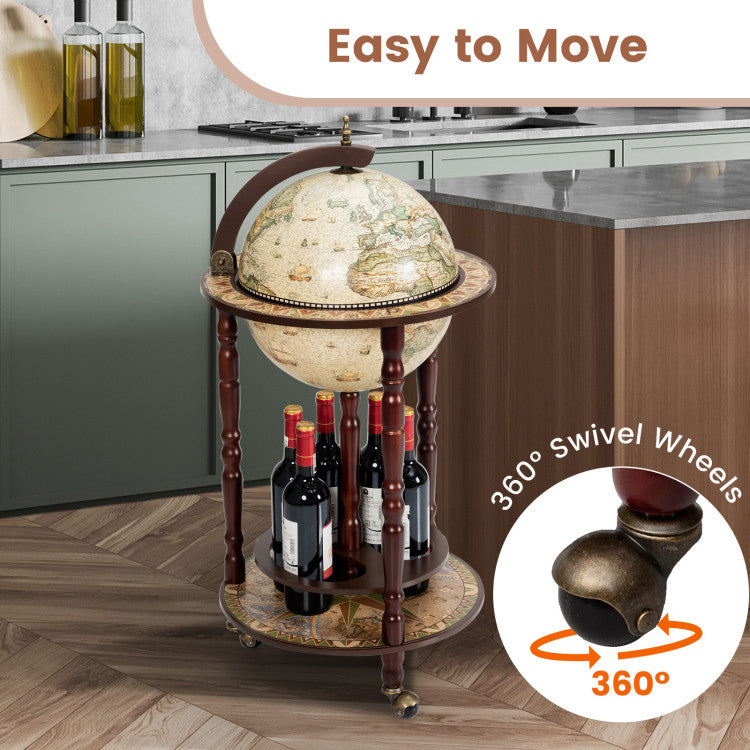 Home 17 Inch Italian Style Design Wooden Globe Liquor Bottle Wine Rack with Wheels