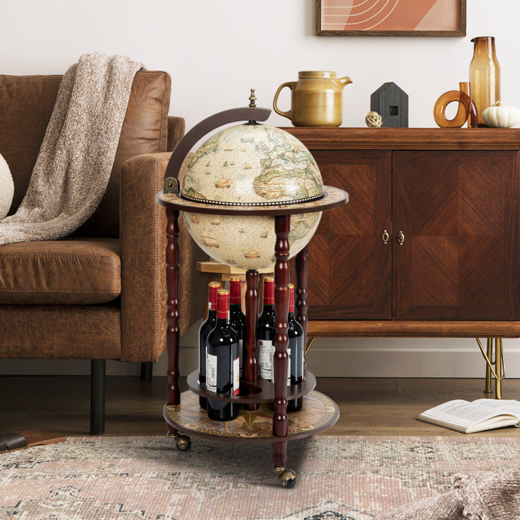 Home 17 Inch Italian Style Design Wooden Globe Liquor Bottle Wine Rack with Wheels