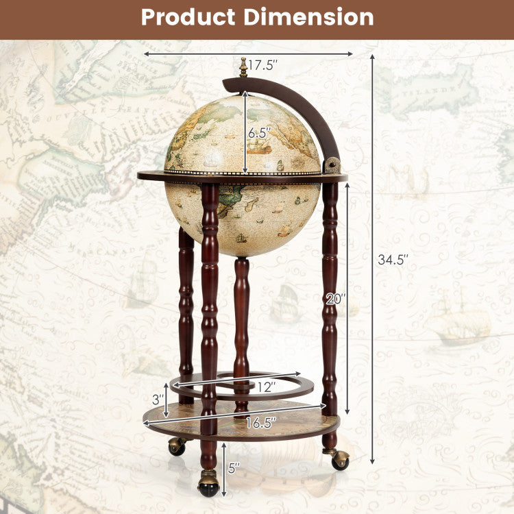 Home 17 Inch Italian Style Design Wooden Globe Liquor Bottle Wine Rack with Wheels