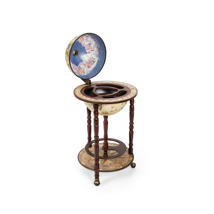 Home 17 Inch Italian Style Design Wooden Globe Liquor Bottle Wine Rack with Wheels