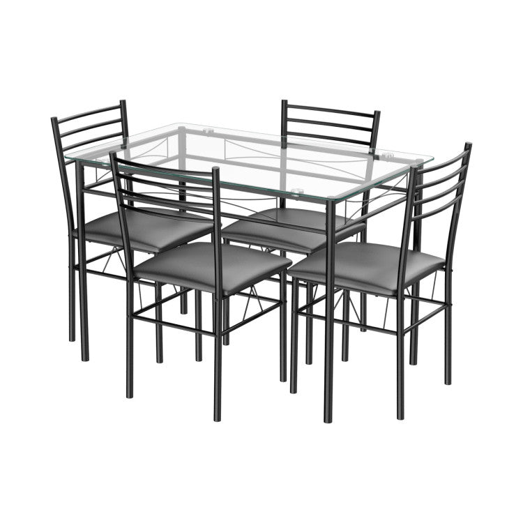 Modern 5 Pieces Dining Set with Tempered Glass Top Table and 4 Upholstered Chairs