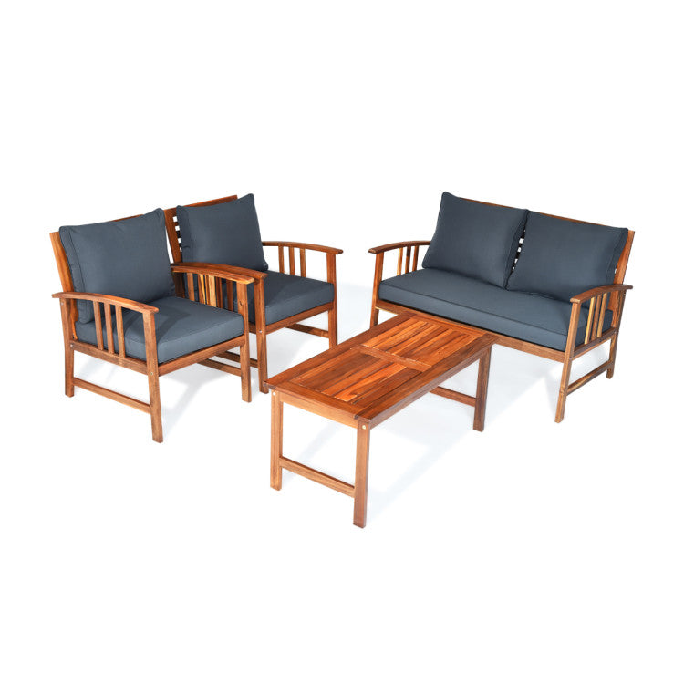 Outdoor 4 Pieces Wooden Patio Sofa Chair Set with Cushion