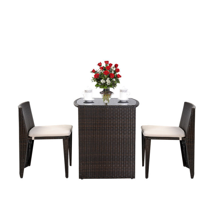 Outdoor 3 Pieces Cushioned Wicker Patio Bistro Set with No Assembly Needed