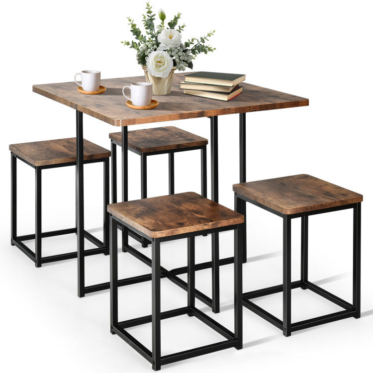 Modern 5 Pieces Metal Frame Dining Set with Compact Dining Table and 4 Stools