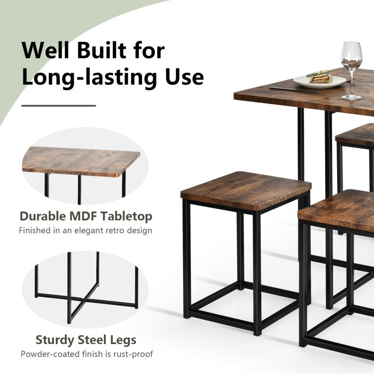 Modern 5 Pieces Metal Frame Dining Set with Compact Dining Table and 4 Stools