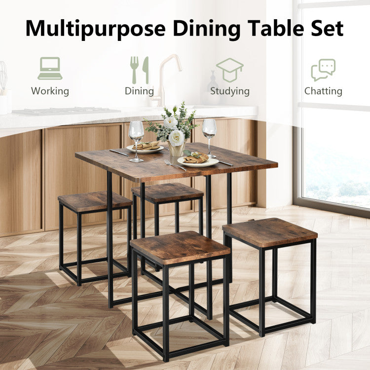 Modern 5 Pieces Metal Frame Dining Set with Compact Dining Table and 4 Stools